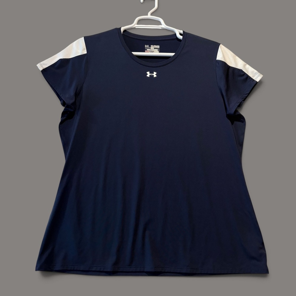 Under Armour Womens HeatGear Navy Blue Mesh Accent Workout Shirt 2XL 1259049